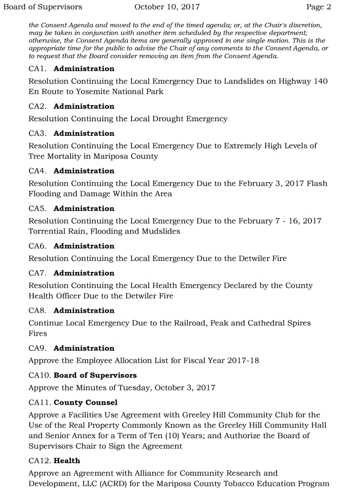 2017 10 10 mariposa county board of supervisors agenda october 10 2017 2