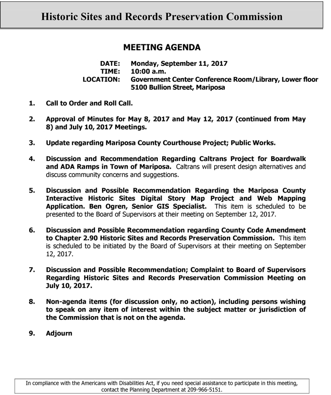 2017 09 11 mariposa county historic sites and records preservation commission agenda september 11 2017