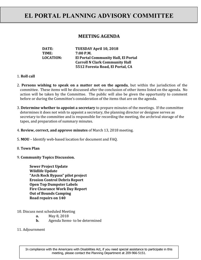 2018 04 10 mariposa county El Portal Planning Advisory Committee Public Agenda april 10, 2018