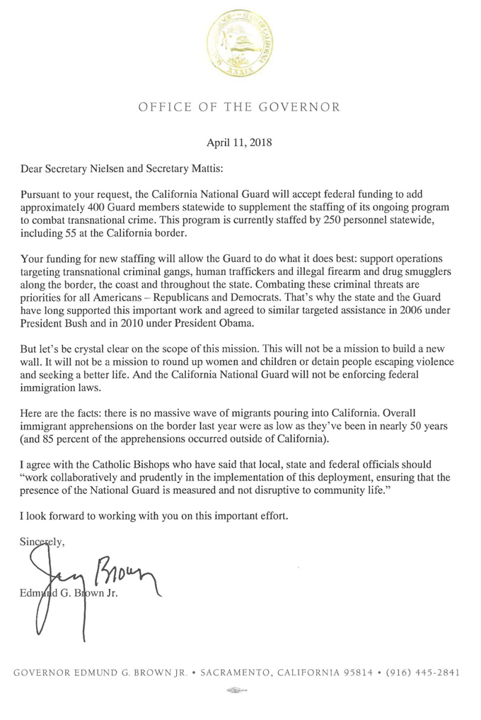 Governor Brown Letter to Sec. Nielsen and Mattis 4.11