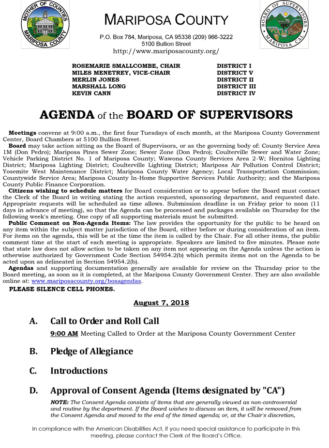 2018 08 07 mariposa county Board of Supervisors Agenda august 7 2018 1