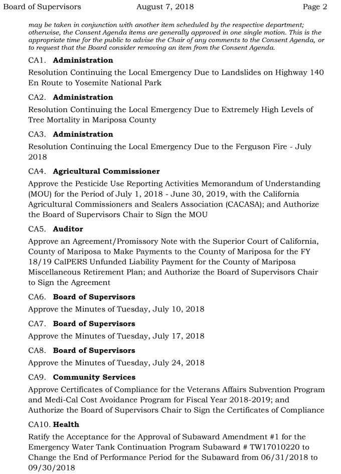 2018 08 07 mariposa county Board of Supervisors Agenda august 7 2018 2