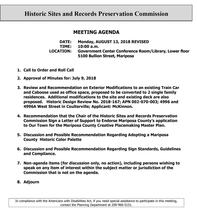 2018 08 13 mariposa county Historic Sites and Records Preservation Commission Public Agenda august 13 2018