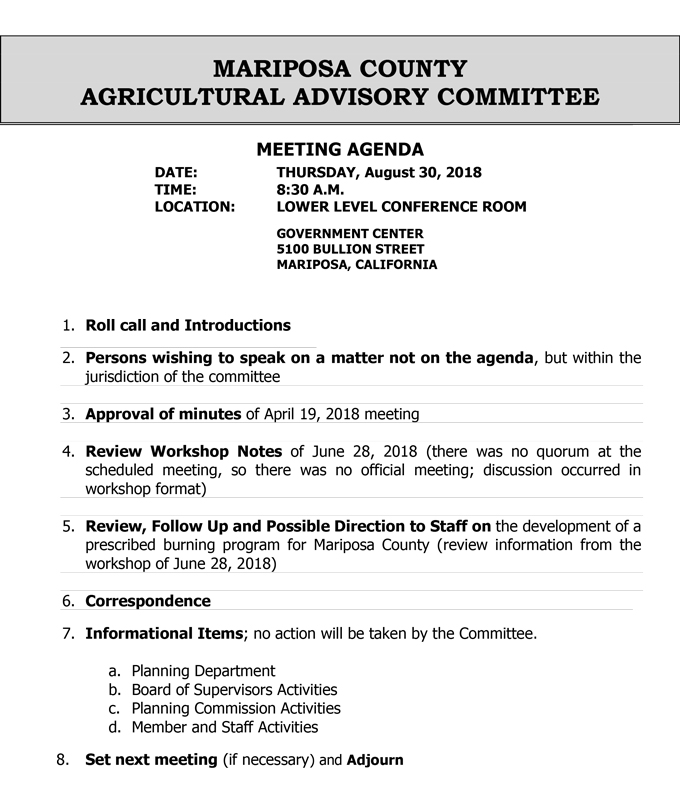 2018 08 30 mariposa county Agricultural Advisory Committee Agenda august 30 2018
