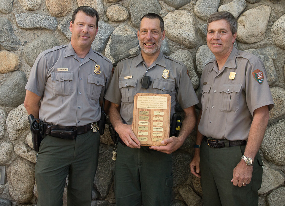 Chief Ranger Kevin Killian 2018 Barry Hance Award Winner Ranger Jack Hoeflich, Superintendent Michael Reynolds