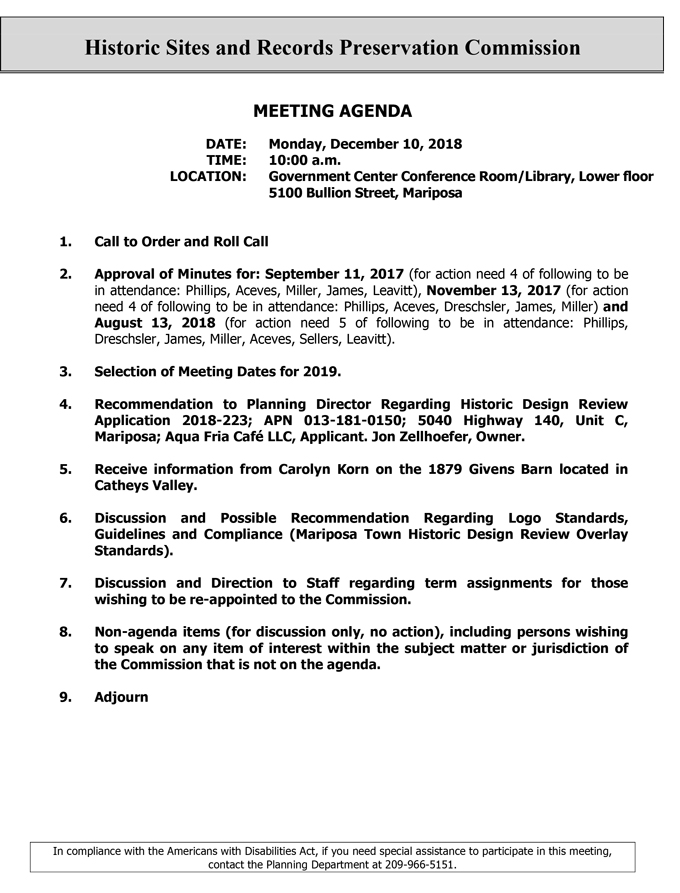 2018 12 10 mariposa county Historic Sites and Records Preservation Commission agenda december 10 2018
