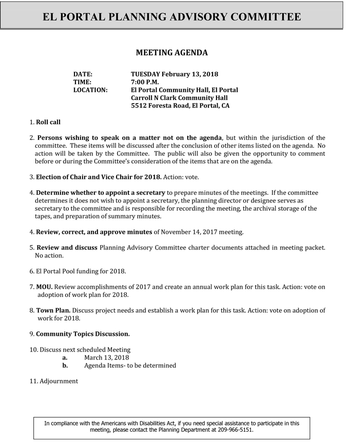 2018 02 13 mariposa county El Portal Planning Advisory Committee agenda february 13 2018
