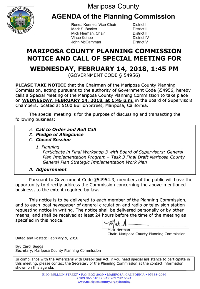 Feb 14 2018 mariposa county Planning Commission Special Meeting agenda february 14 2018