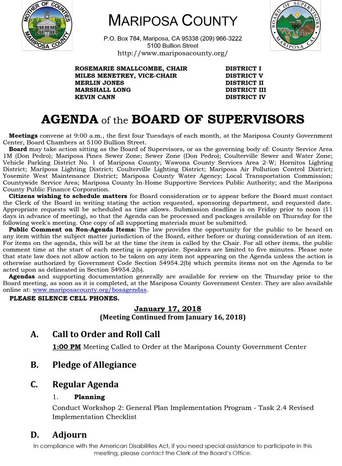 2018 01 17 mariposa county Board of Supervisors agenda january 17 2018