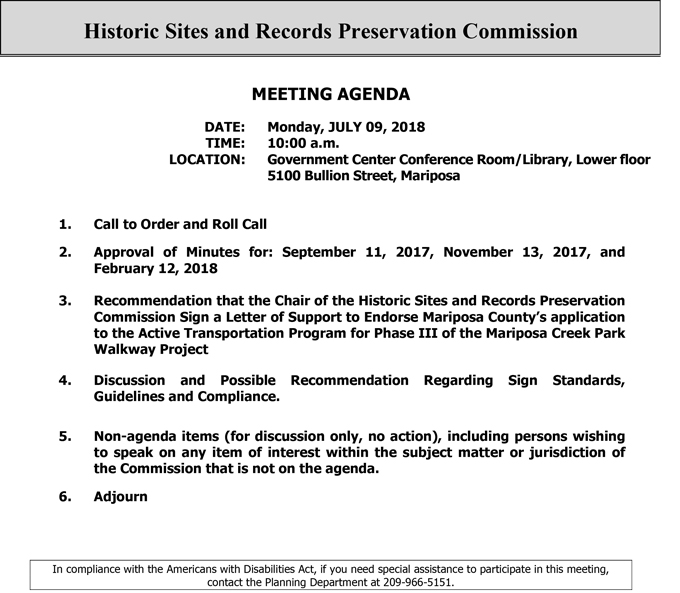 2018 07 09 mariposa county Historic Sites and Records Preservation Commission agenda july 9 2018