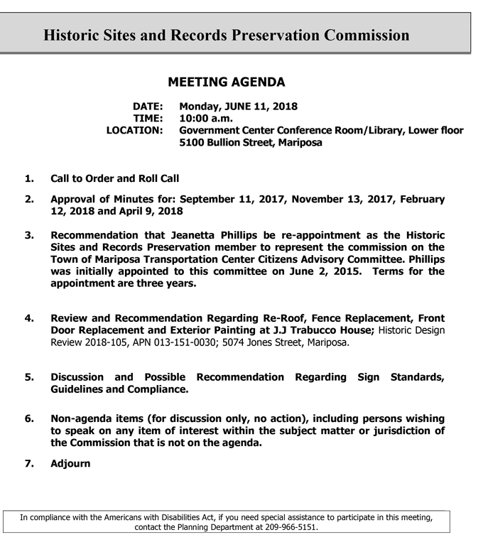 2018 06 11 mariposa county Historic Sites and Records Preservation Commission Public Agenda june 11 2018