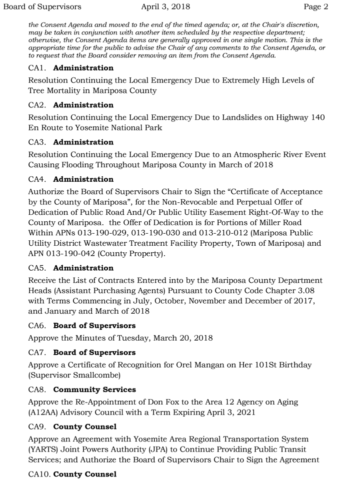 2018 04 03 mariposa county Board of Supervisors Public Agenda april 3 2018 2