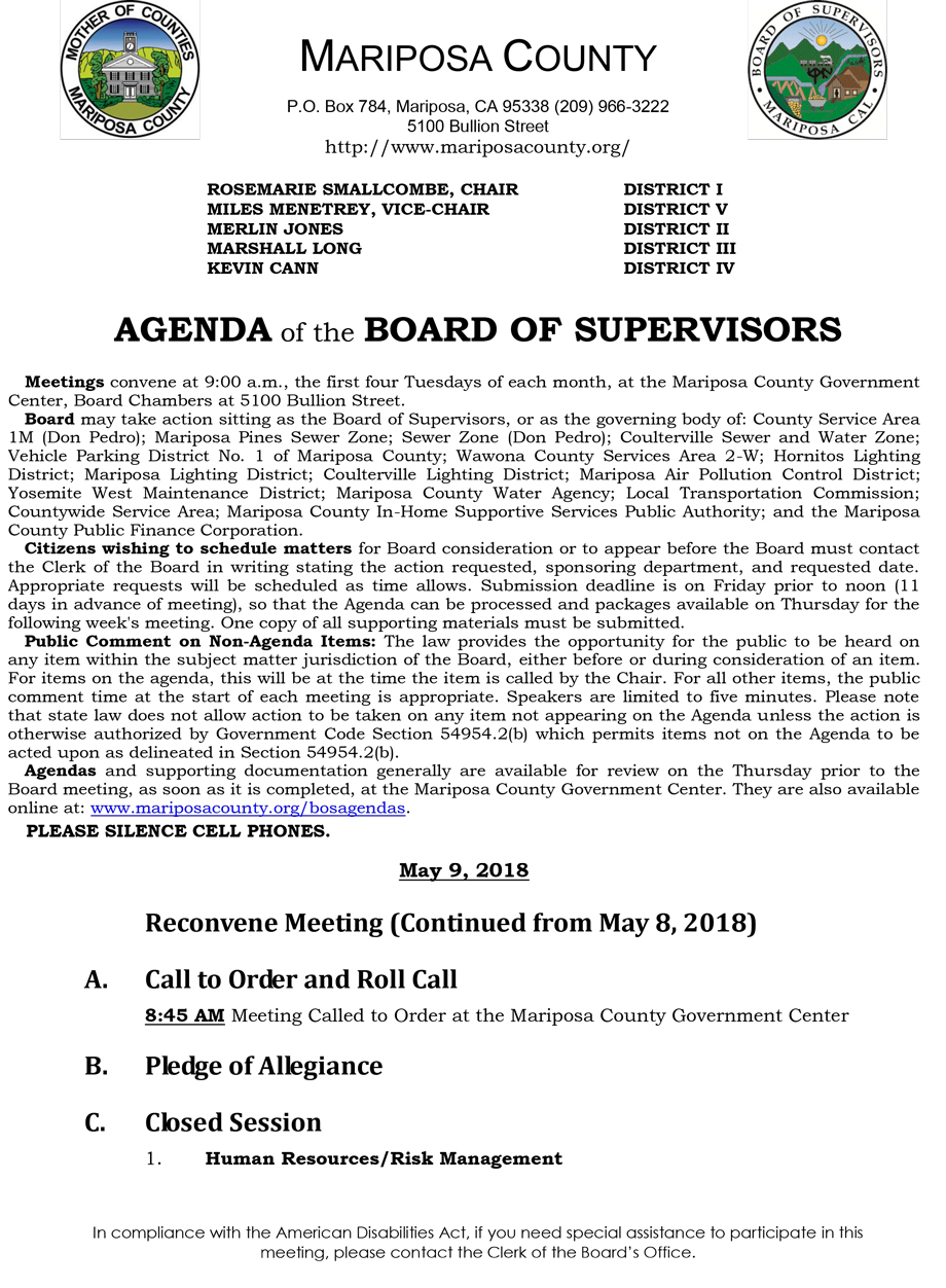 2018 05 09 mariposa county Board of Supervisors Public Agenda may 9 2018 1