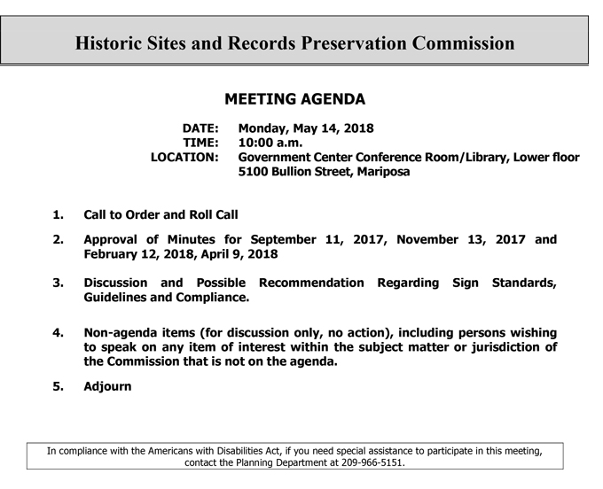 2018 05 14 mariposa county Historic Sites and Records Preservation Commission Public Agenda may 14 2018