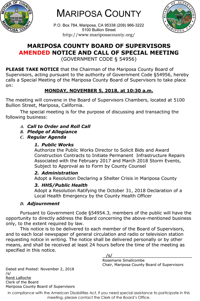 2018 11 05 mariposa county Board of Supervisors agenda november 5 2018