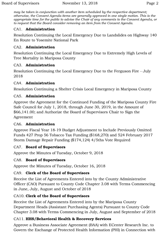 2018 11 13 mariposa county Board of Supervisors agenda november 13 2018 2