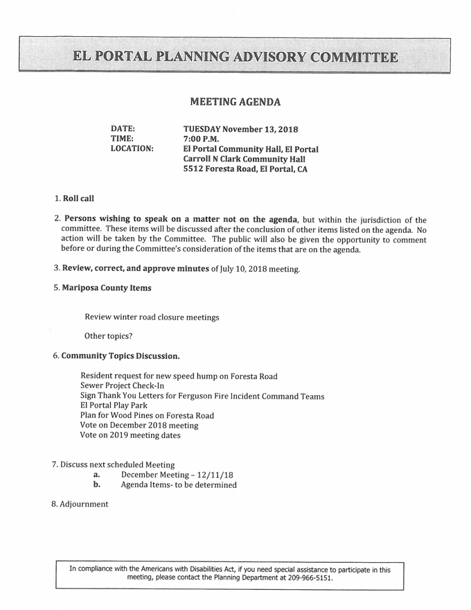 2018 11 13 mariposa county El Portal Planning Advisory Committee Agenda november 13 2018