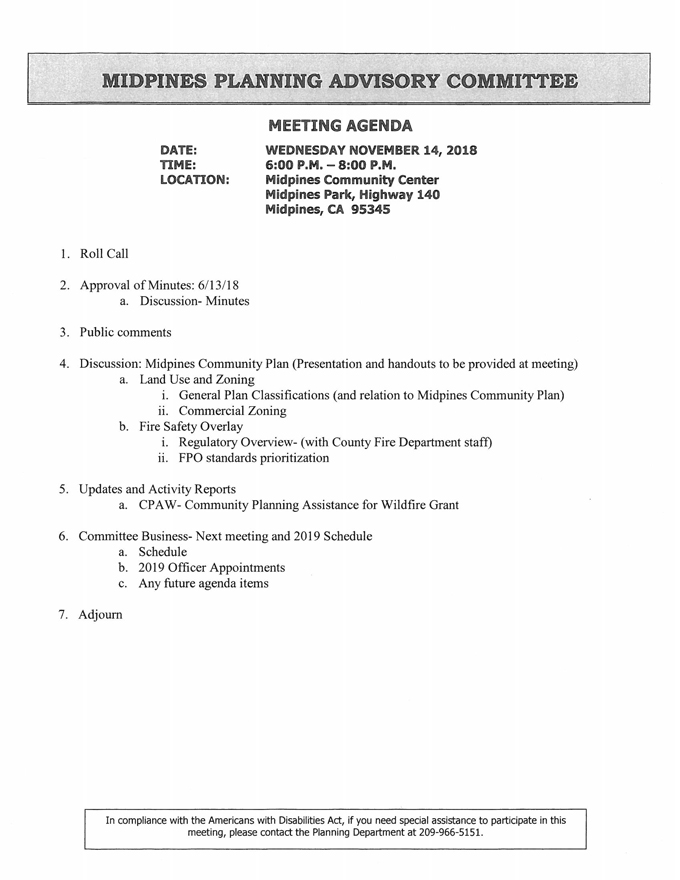 2018 11 14 mariposa county Midpines Planning Advisory Committee Agenda november 14 2018