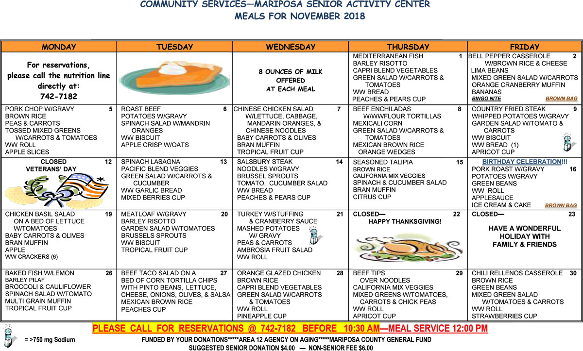 Mariposa County Senior Menu Activities For November 2018