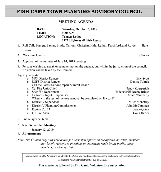 2018 10 06 mariposa county Fish Camp Town Planning Advisory Council Agenda october 6 2018