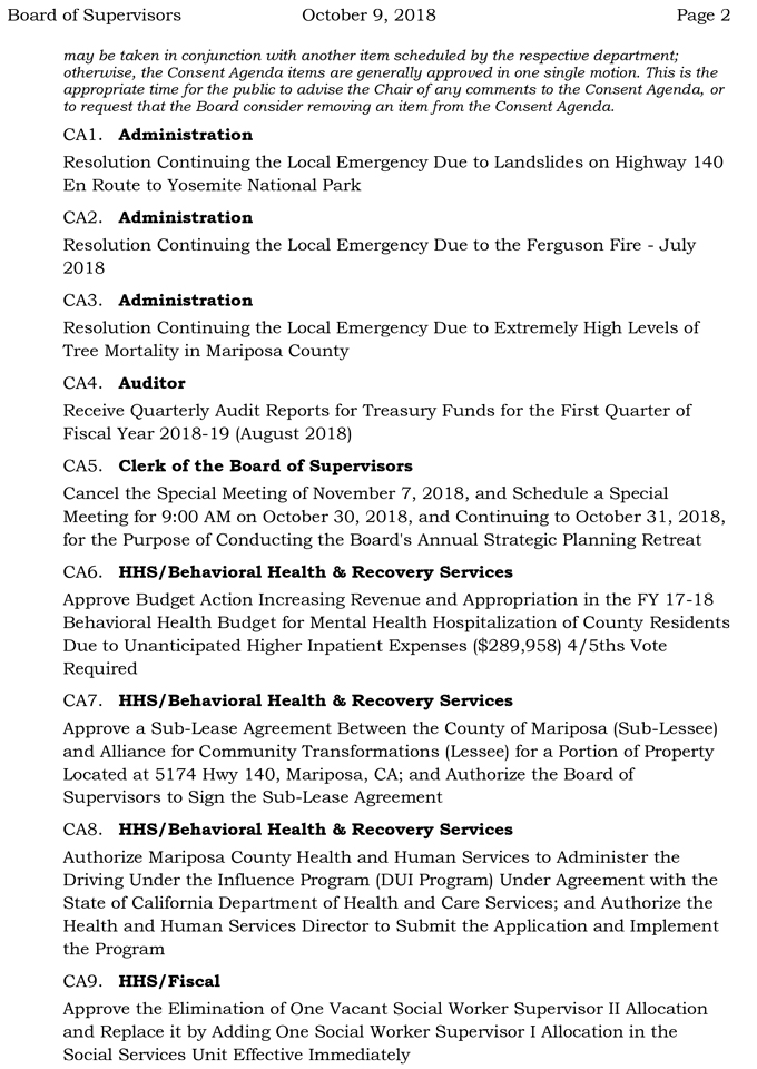 2018 10 09 mariposa county Board of Supervisors Agenda october9 2018 2