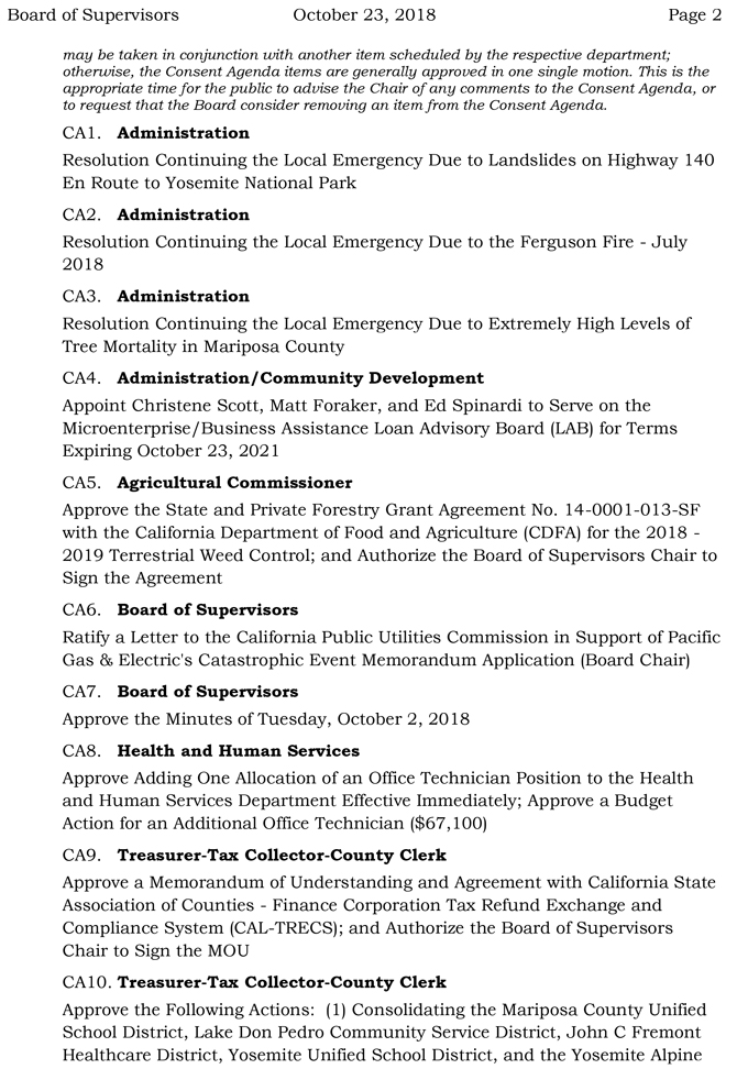 2018 10 23 mariposa county Board of Supervisors Agenda october 23 2018 2