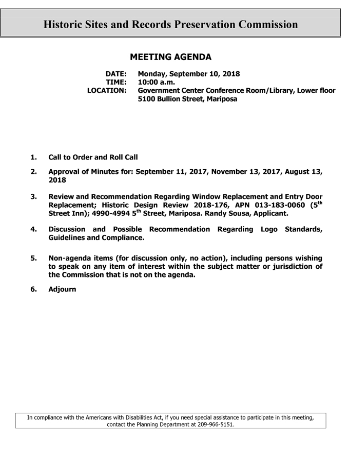 2018 09 10 mariposa countyHistoric Sites and Records Preservation Commission Public Agenda september 10 2018