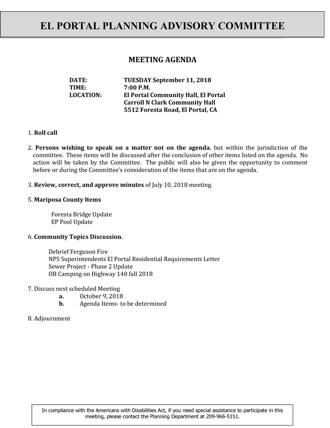 2018 09 11 mariposa county El Portal Planning Advisory Committee Agenda september 11 2018