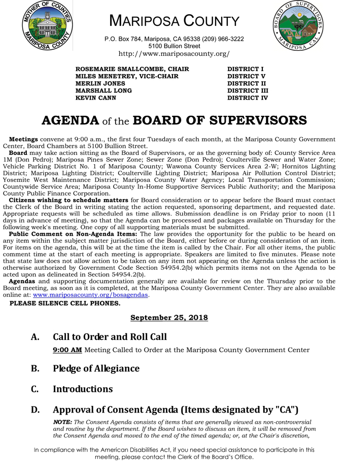 2018 09 25 mariposa county Board of Supervisors Agenda september 25 2018 1