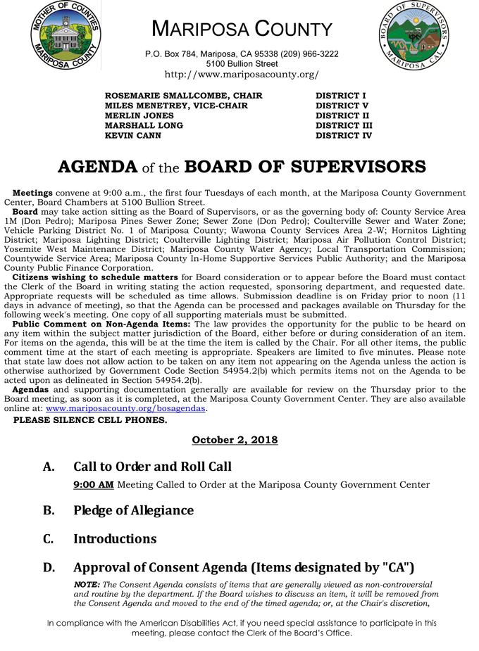 2018 10 02 mariposa county Board of Supervisors Agenda october 2 2018 1
