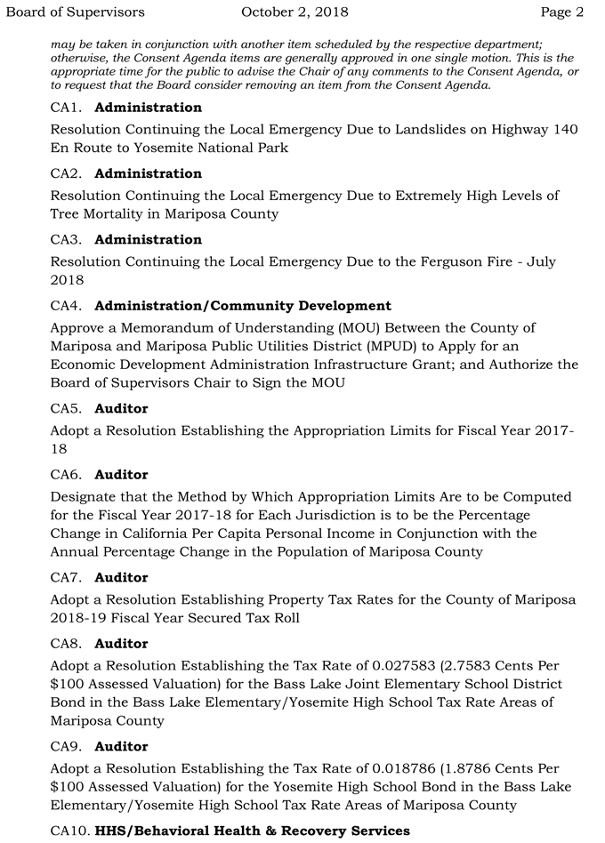 2018 10 02 mariposa county Board of Supervisors Agenda october 2 2018 2