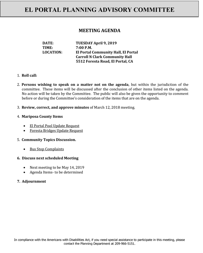 2019 04 09 El Portal Planning Advisory Committee Public Agenda 2374