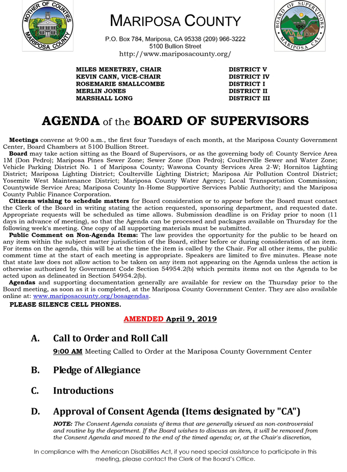 2019 04 09 mariposa county Board of Supervisors Agenda april 9 2019 1