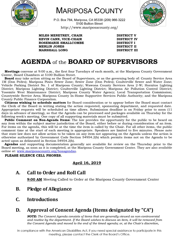 2019 04 16 mariposa county Board of Supervisors Public Agenda 1