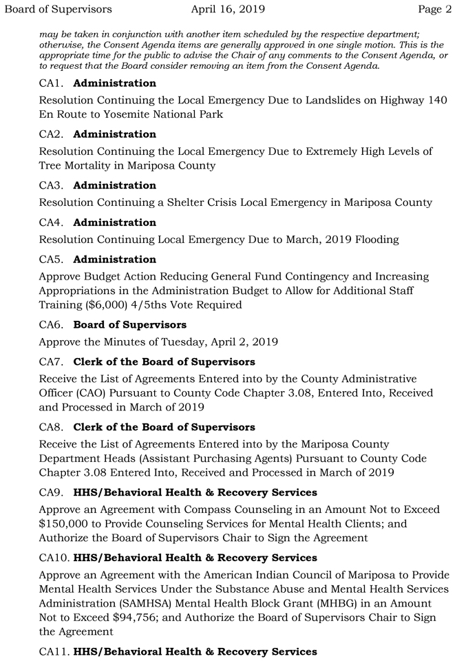 2019 04 16 mariposa county Board of Supervisors Public Agenda 2