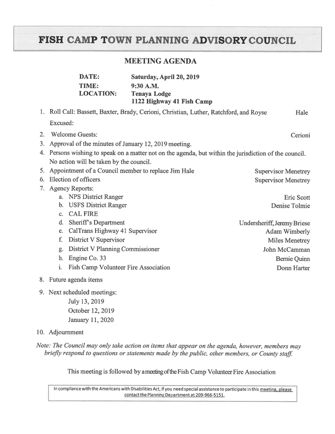 2019 04 20 Fish Camp Town Planning Advisory Council Public Agenda 2369