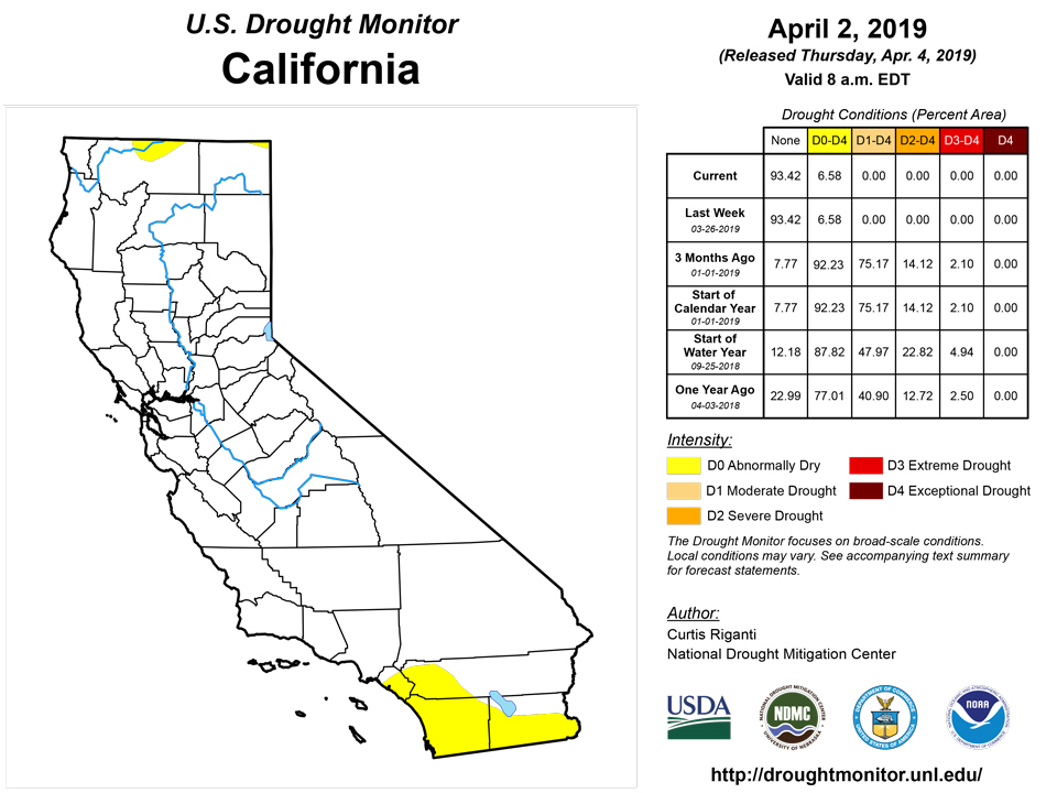 california drought monitor for april 2 2019