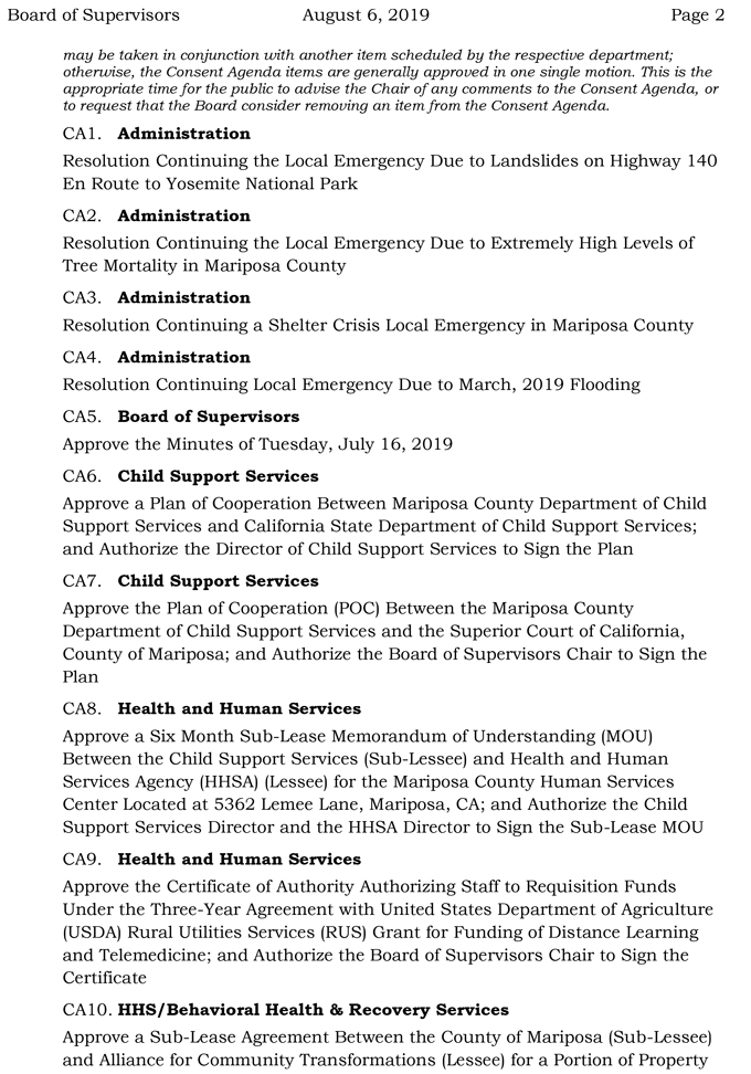 2019 08 06 mariposa Board of Supervisors agenda 2