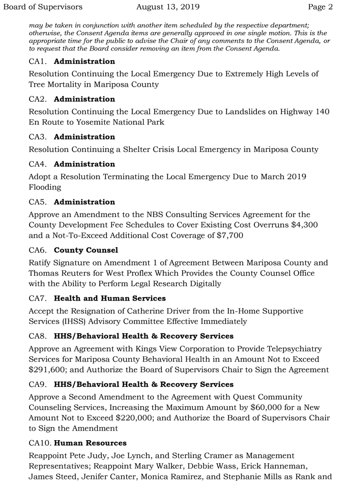 2019 08 13 mariposa Board of Supervisors agenda 2