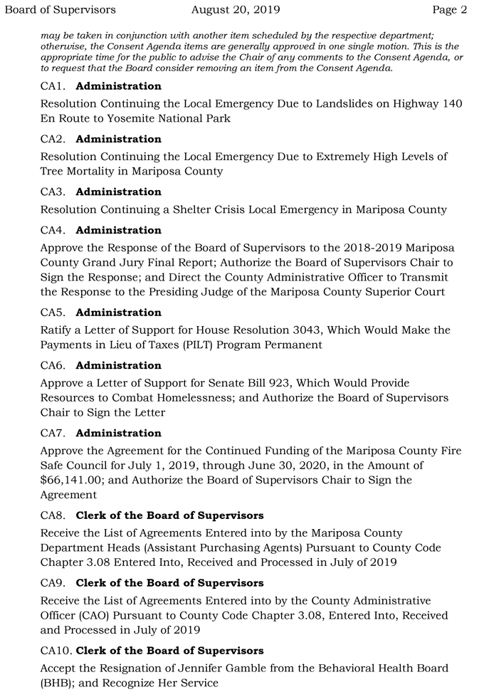 2019 08 20 mariposa county Board of Supervisors agenda 2