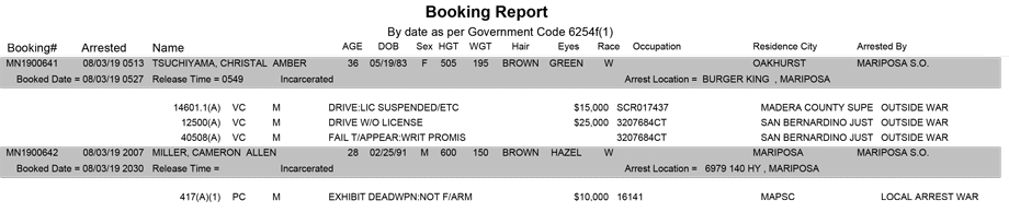 mariposa county booking report for august 3 2019