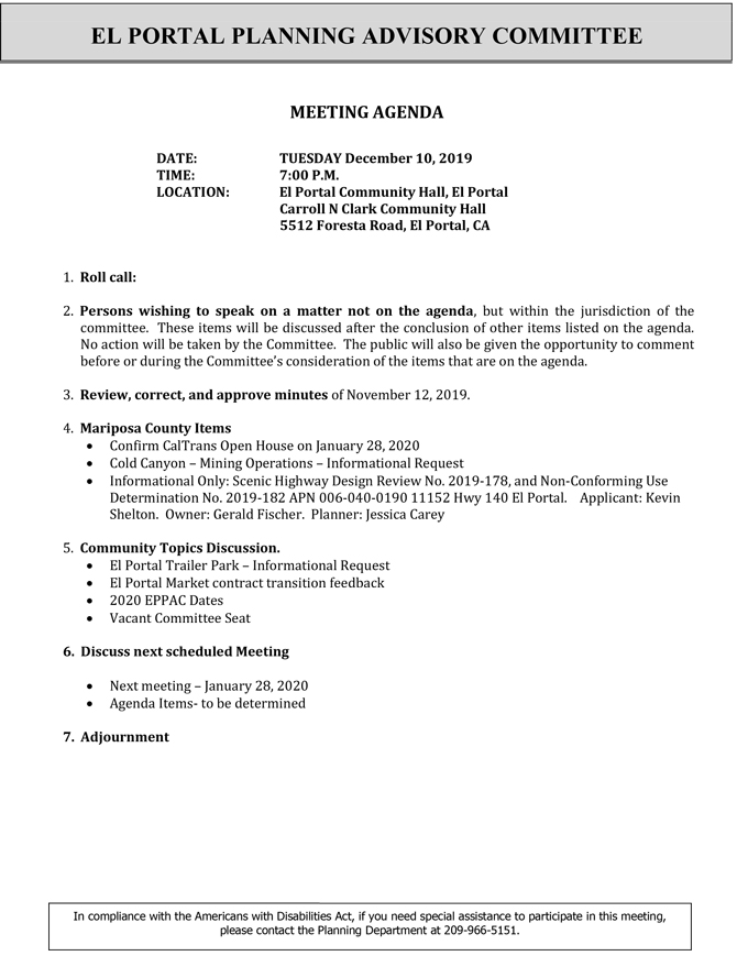 2019 12 10 El Portal Planning Advisory Committee agenda