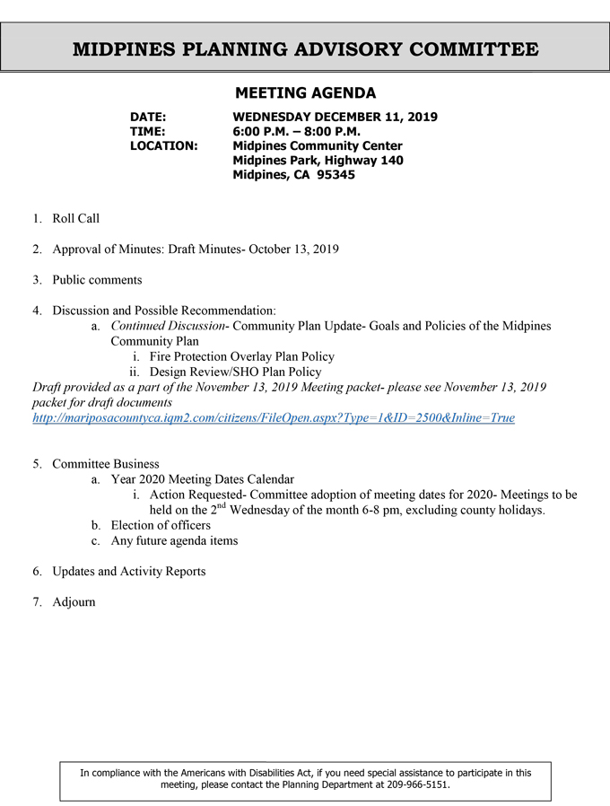 2019 12 11 Midpines Planning Advisory Committee agenda