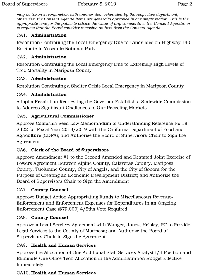 2019 02 05 mariposa county Board of Supervisors Agenda february 5 2019 2