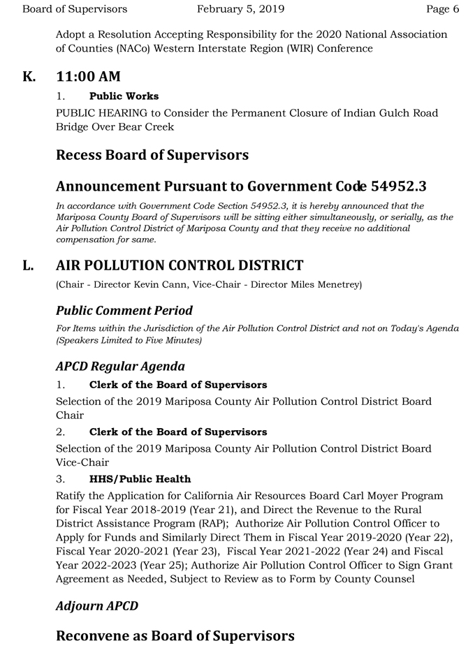 2019 02 05 mariposa county Board of Supervisors Agenda february 5 2019 6