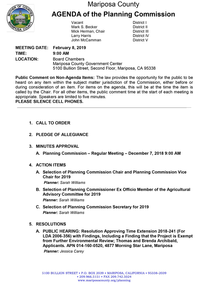 2019 02 08 mariposa county Planning Commission Agenda february 8 2019 1