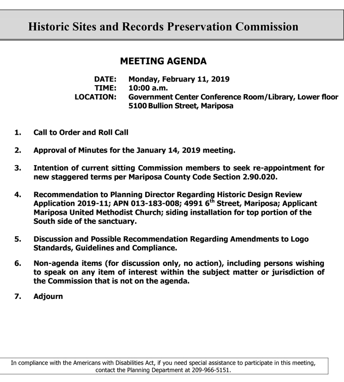 2019 02 11 mariposa county Historic Sites and Records Preservation Commission Agenda february 11 2019