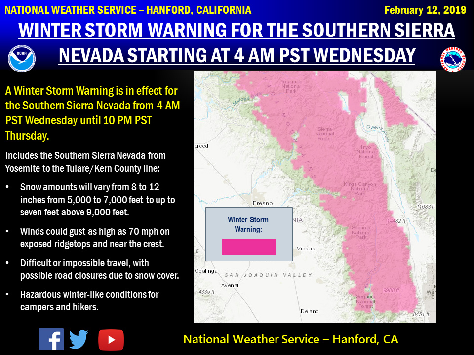 Winter Storm Warning Issued For The Sierra Nevada From Yosemite To