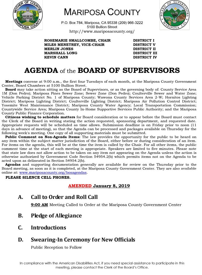 2019 01 08 mariposa county Board of Supervisors Agenda january 8 2019 1