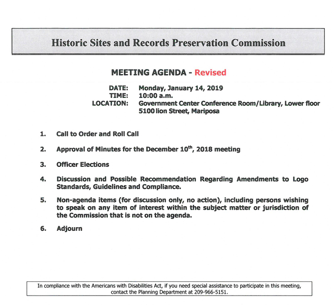 2019 01 14 mariposa county Historic Sites and Records Preservation Commission agenda january 14 2019